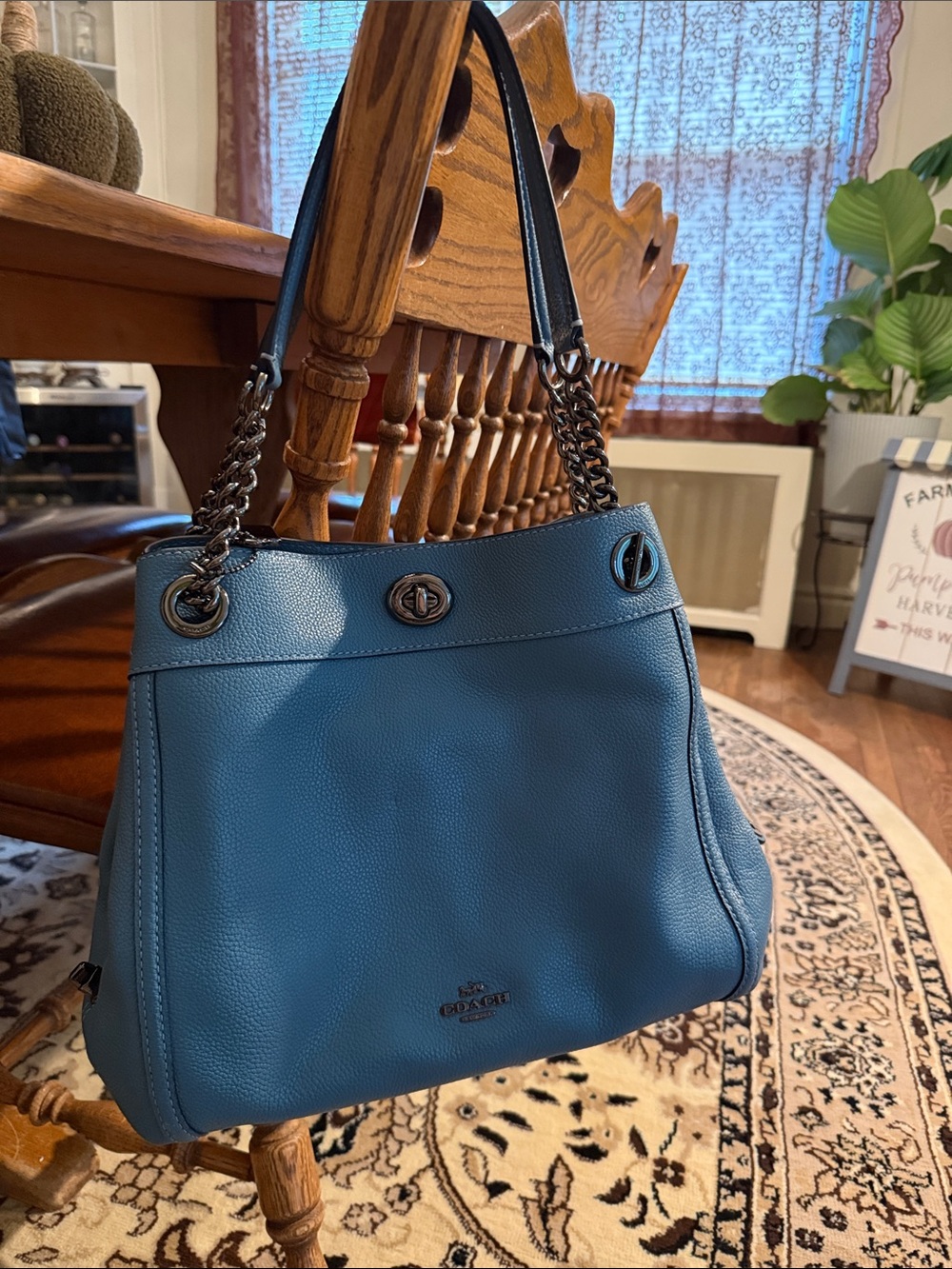 Coach Blue Pebbled Leather Chain Shoulder Bag